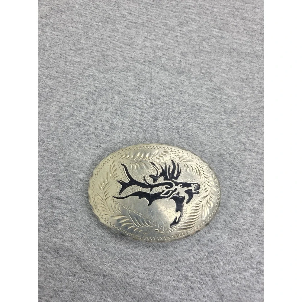 Vintage Handmade Wil-Aren Deer Caribou Onyx Black Inlay Belt Buckle Hunting